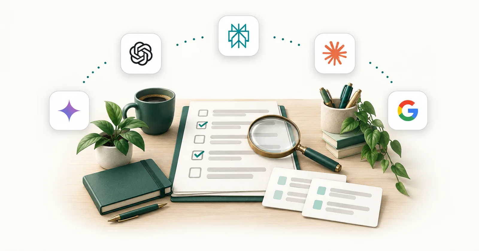 A desk with a checklist, magnifying glass, notebooks, and two fact cards, surrounded by five AI engine icon tiles.