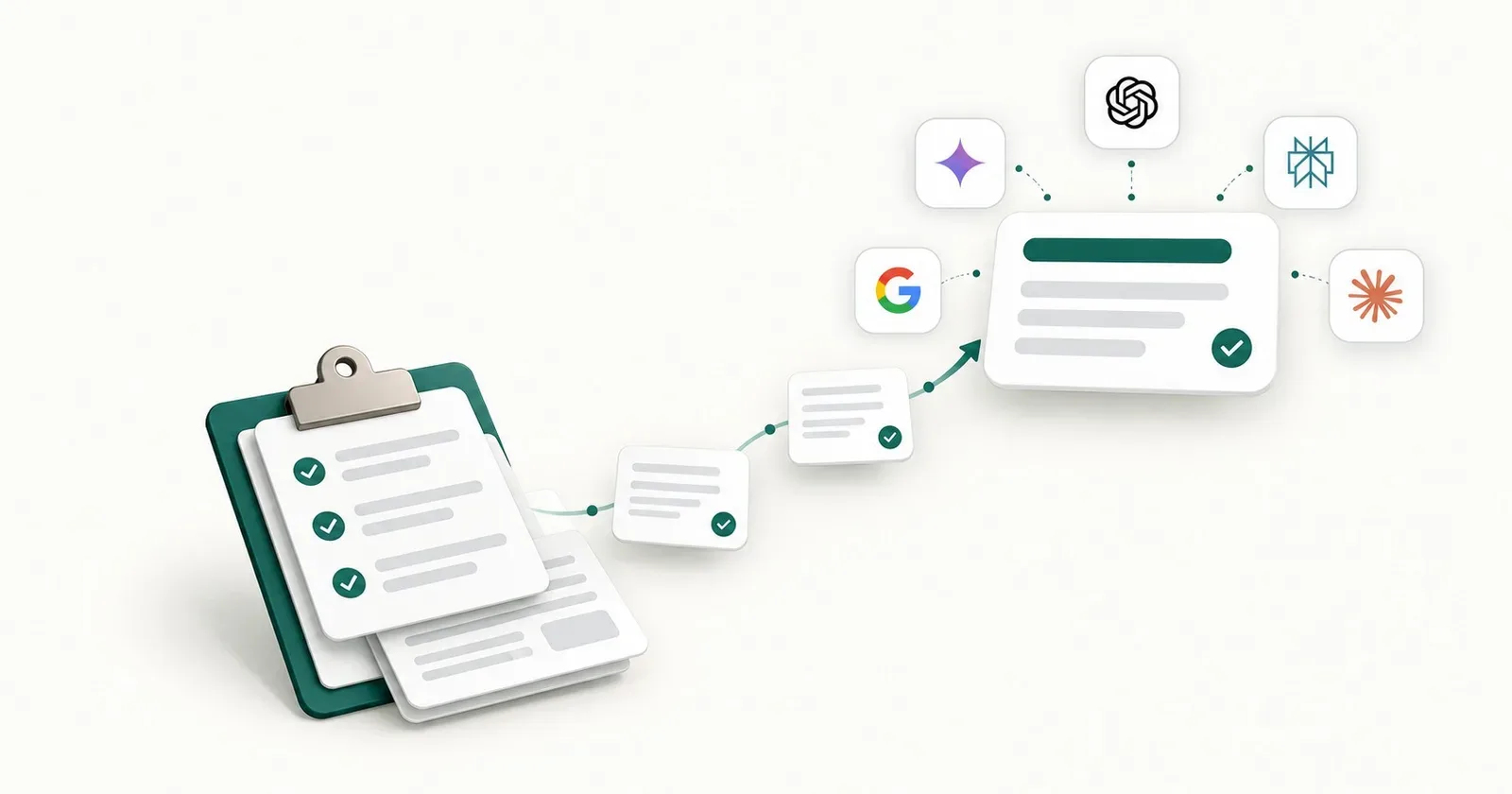 An illustration of bank fact cards on a clipboard feeding into a highlighted AI answer card evaluated by five AI engine icon tiles.