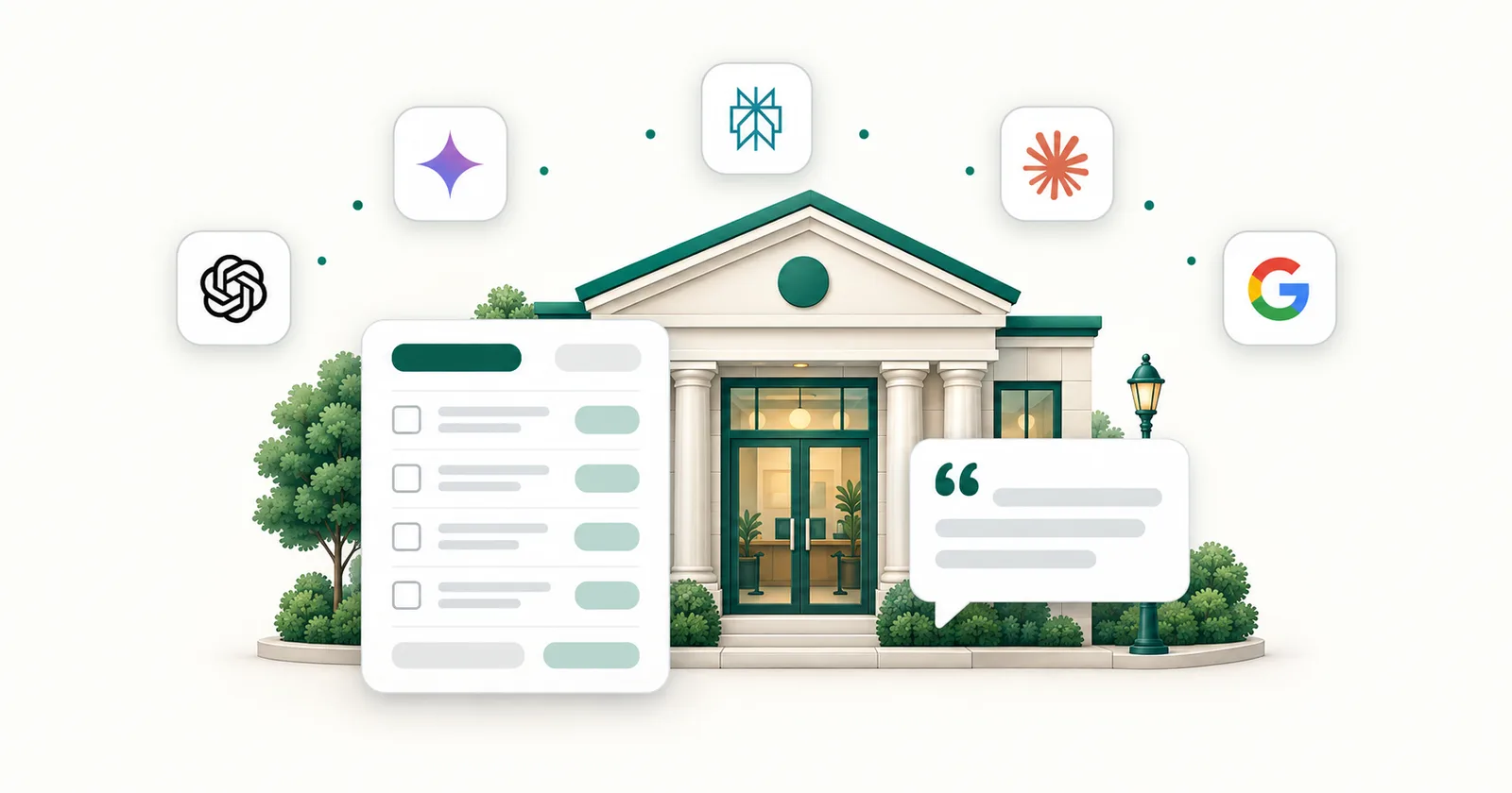 A teal-trimmed community bank building between a checklist card and an answer card, surrounded by five AI engine icon tiles.