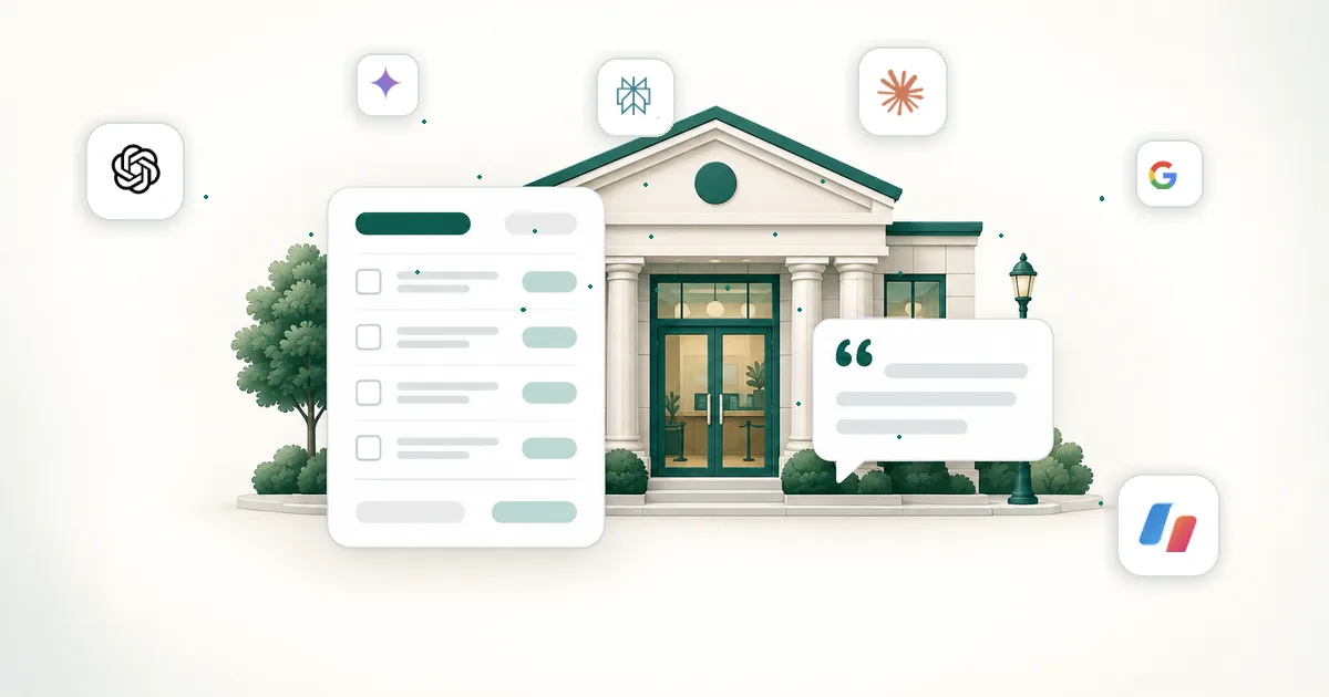 An illustrated bank building with a checklist card and a quote card, surrounded by app-icon tiles.