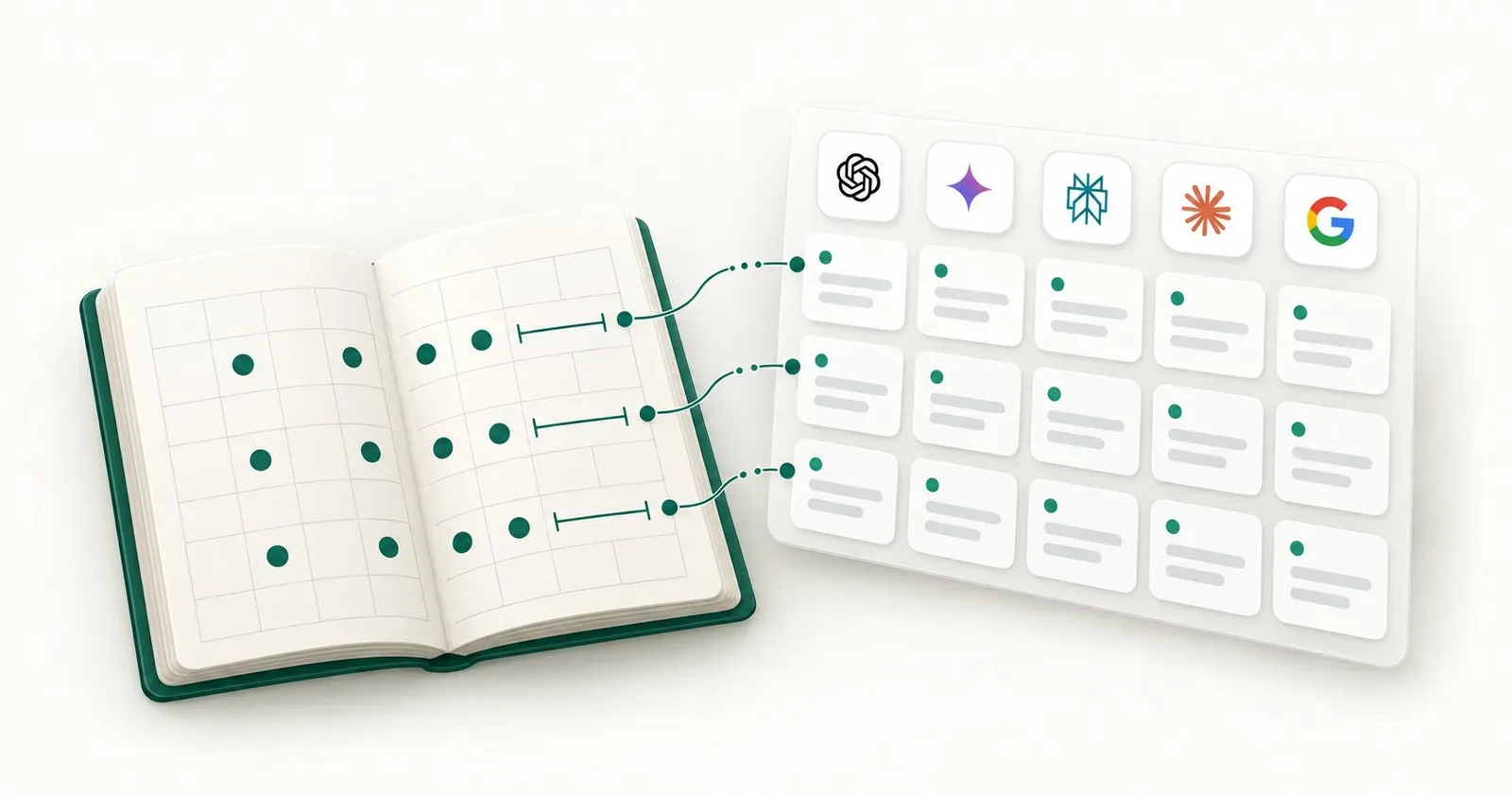 Editorial illustration of a tracking calendar and structured query cards aligned beneath five AI engine icon tiles.