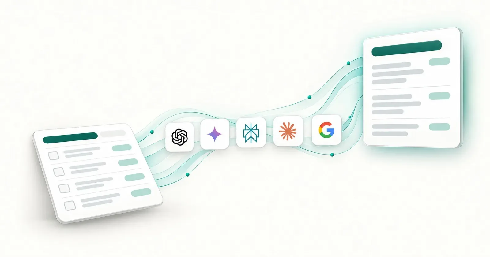 A fintech comparison page connects across five AI engine icon tiles into a single cited answer card.