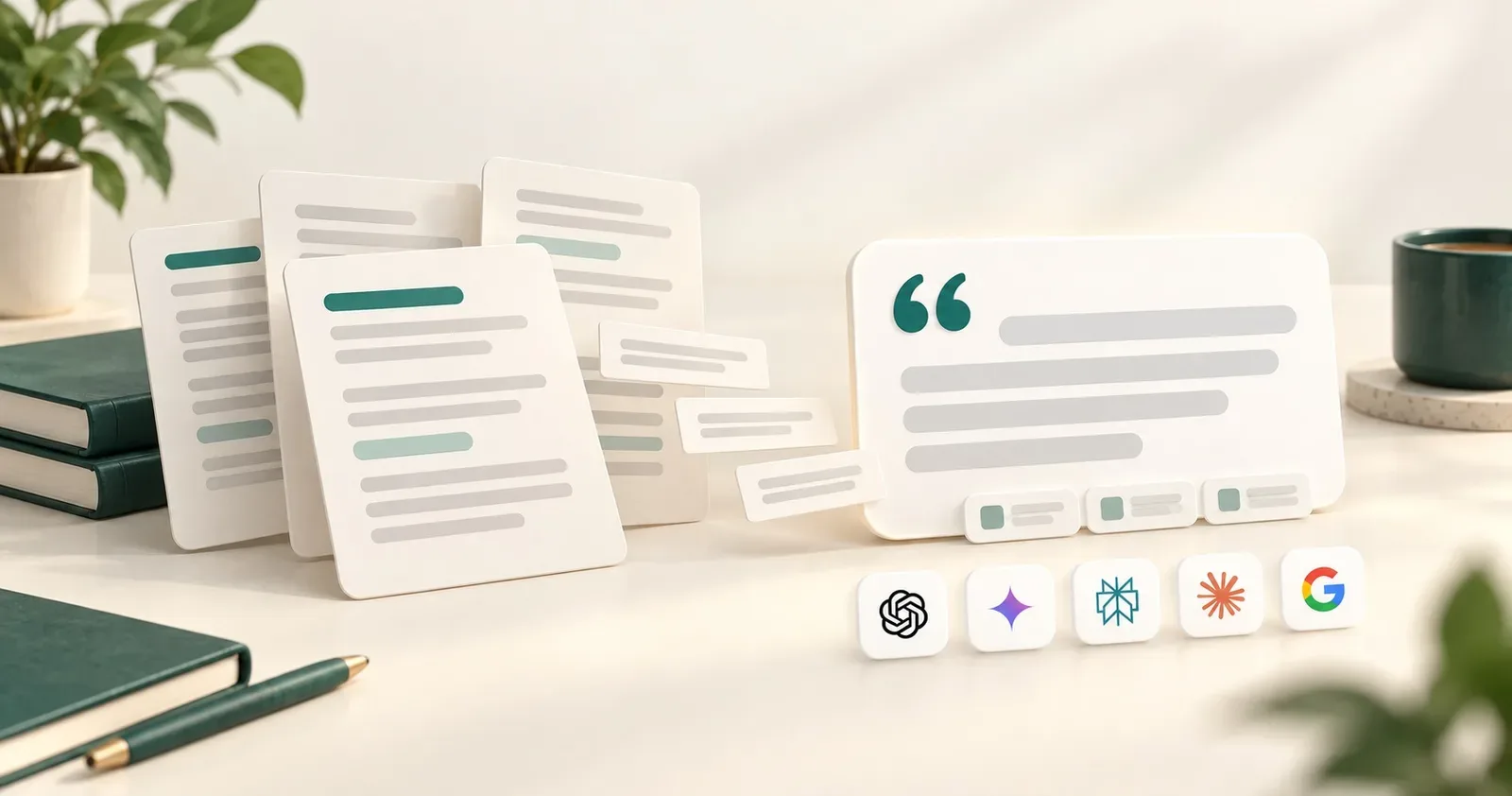 Fact sheets on a desk lead to a quotation answer card, with ChatGPT, Gemini, Perplexity, Claude, and Google icon tiles below.